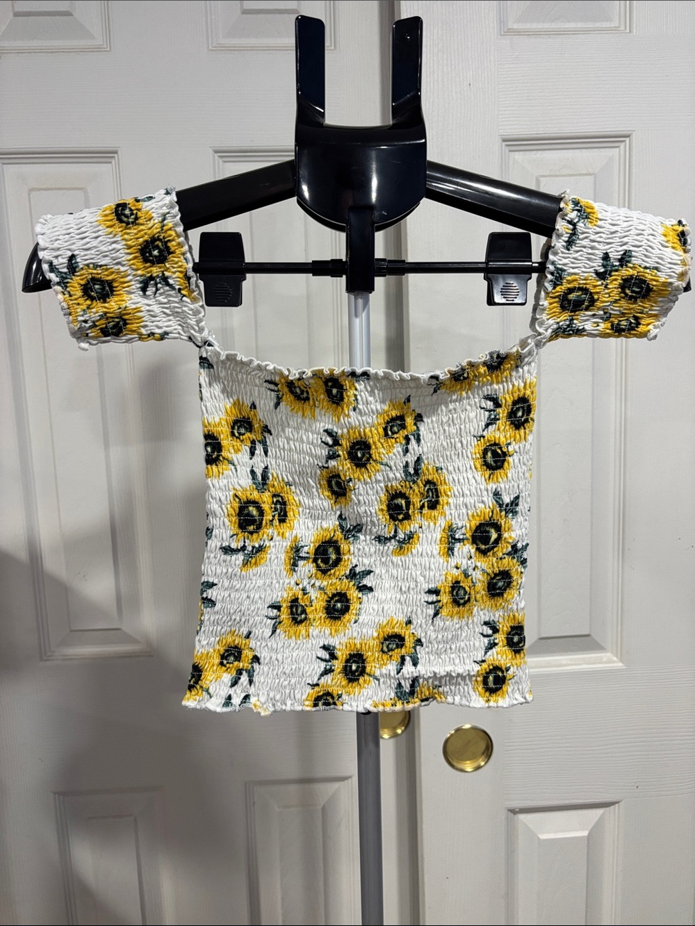 Streetwear Society White Smocked Off-Shoulder Sunflower Crop Top
